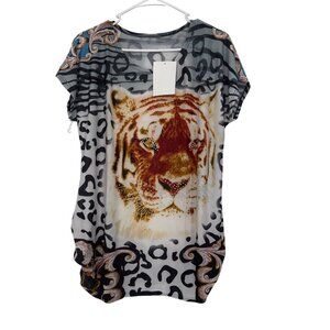Fashion Womens Tiger Print Short Sleeve Top Size M
